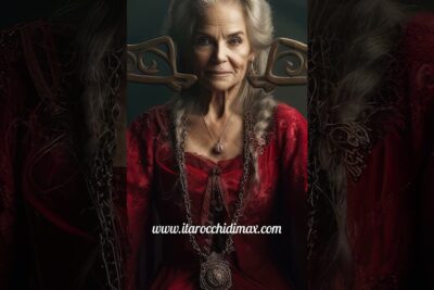 Elderly woman in a red velvet gown with braided silver hair and carved wooden scale motifs evoking the carta giustizia tarot figure
