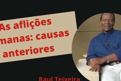 Poster showing the phrase 'As aflições humanas: causas anteriores' next to a seated man in a blue shirt.