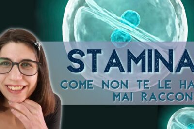 Smiling presenter beside stylized dividing cells and bold headline, cellule staminali 6