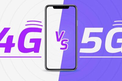 Graphic showing 4G versus celular 5g with a modern smartphone in the center.