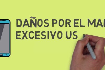 Illustrated smartphone and hand writing the Spanish warning "DAÑOS POR EL MAL Y EXCESIVO US" with celular ninos 1