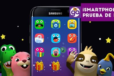 Smartphone screen showing colorful kid-friendly app icons and playful characters, promoting a celular ninos concept.