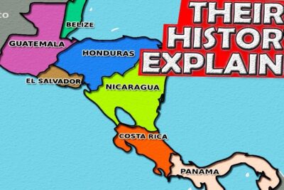 Color-coded map showing labeled Central American countries and a 'Their History Explained' banner, central american 1.