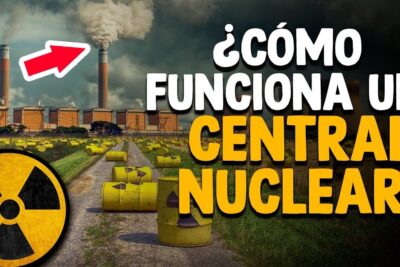 Nuclear plant with cooling towers, smokestacks and scattered yellow radioactive barrels, centrales nucleares 2