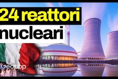 Stylized image of an Italian nuclear site with cooling towers, domed reactor, flag and headline for centrali nucleari 2.