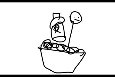 Hand-drawn bowl of cereal with a bottle and tall spoon, cereali 4.