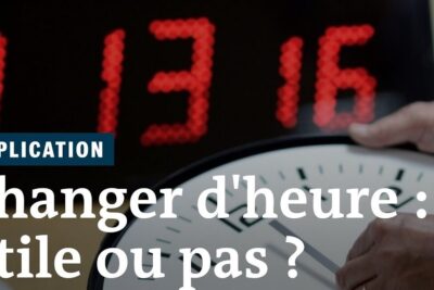 Hand adjusting an analog clock in front of a blurred red digital time display and French headline, illustrating changement dheure 4.