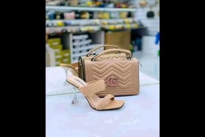 Beige chaussures sac displayed with a quilted top-handle bag and matching braided-strap heeled mules