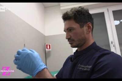 Clinician wearing blue gloves preparing a syringe for a chirurgia estetica 1 injectable treatment