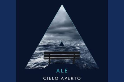 Stormy triangular seascape with a solitary bench silhouette under dramatic clouds, cielo aperto 1.