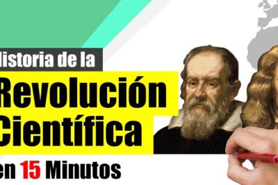 Thumbnail with bold Spanish headline Revolución Científica, portraits of historical scientists, a hand with a pen and '15 Minutos', ciencia moderna 1