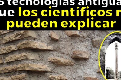 Weathered layered stone masonry with an inset image of a tall pillar framed by an arch illustrating ciencia tecnologia mysteries.