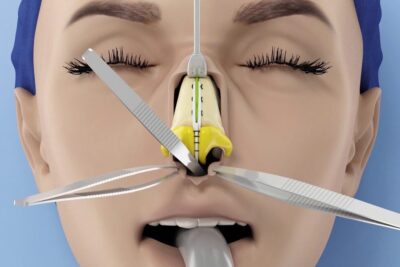 3D nasal surgery simulation showing exposed septum, surgical instruments and sutures during cirurgia plastica 3