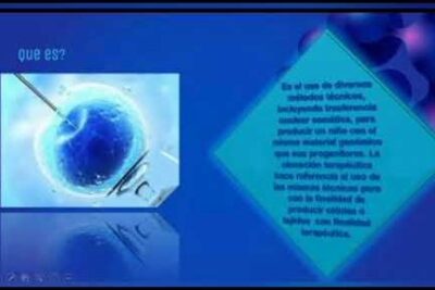 Blue presentation slide with a microscopic cell being injected and an informational panel about clonacion reproductiva 2