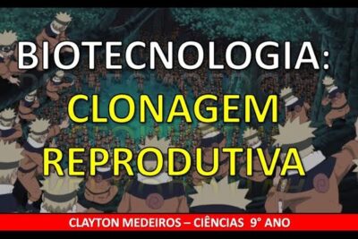 Anime-style slide with a crowd of identical cartoon clones and a bold headline about clonagem reprodutiva 2