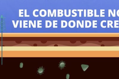 Cross-section illustration of earth layers with a drilling rig, organic microbes and a Spanish headline about fuel origins, combustibles fosiles 3.