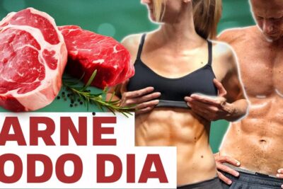 Fit man and woman showing toned abs next to raw red steaks suggesting a comer carne 1 protein-focused diet.