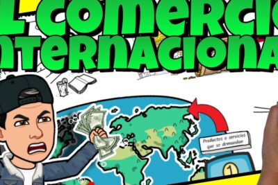 Cartoon infographic of comercio internacional showing a character holding cash beside a stylized world map and red trade arrows