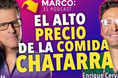 Bold podcast thumbnail in Spanish reading El alto precio de la comida chatarra with two hosts visible and the phrase comida chatarra 1