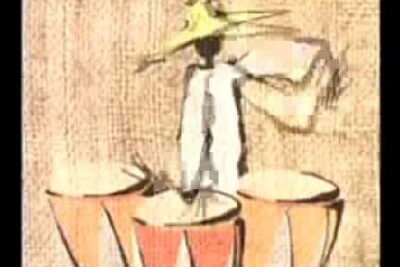 Stylized illustration of a drummer playing three hand drums and wearing a straw hat, evoking commerce equitable and artisanal craft