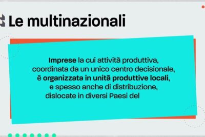 Educational slide titled 'Le multinazionali' describing multinational companies and commercio internazionale