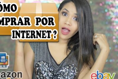Surprised woman holding a parcel with Amazon and eBay logos highlighting compra linea and online shopping