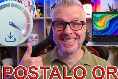 Smiling man giving a thumbs up beside a laptop and speedometer icon representing connessione internet