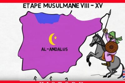 Cartoon map of Al-Andalus with a mounted Muslim warrior and crescent symbol illustrating the conquete espagnole