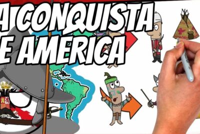 Cartoon whiteboard illustration of La Conquista de America with a conquistador helmet, map of the Americas, indigenous figures and a hand drawing, conquista espanola 1