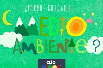 Colorful children's illustration of sun, mountains and clouds promoting conservacion ambiente.