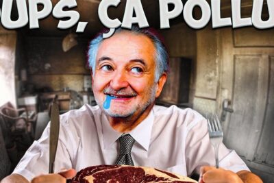 Older man in shirt and tie drooling over a large steak consommation viande 1