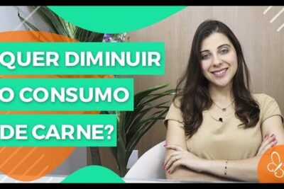Smiling woman seated with colorful green and orange graphics and bold overlay asking about reducing meat consumption, consumo carne 3.