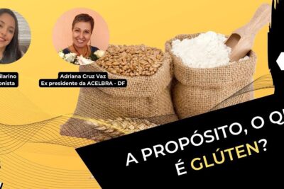 Two circular portrait photos and burlap sacks of wheat and white flour on a yellow podcast-style banner about gluten, contem gluten 1.