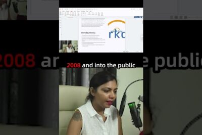 Woman speaking into a microphone with an on-screen slide about continuous workday history.