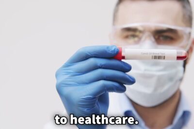 Masked lab technician with blue glove holding a COVID-19 blood test tube, representing conventional medicine diagnostics.