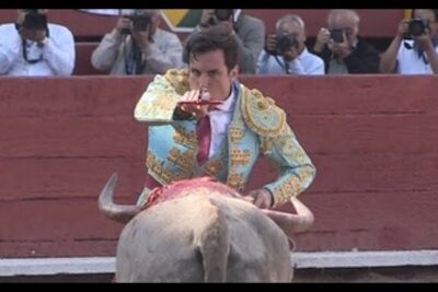 Matador in ornate blue and gold traje de luces confronting a bull during corridas toros