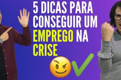 Two people pointing and celebrating beside bold text offering five tips to get a job during a crise emprego