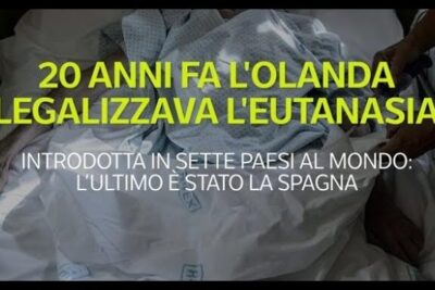 Bold news headline over a covered hospital bed referencing the Netherlands' legalization of euthanasia and criteri leutanasia