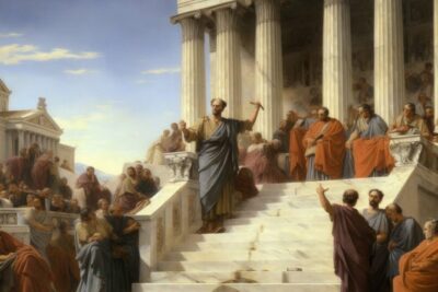 A toga-clad orator addresses a gathered assembly on marble steps beneath classical columns representing dagens styresett.