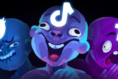 Three neon stylized faces with glowing Twitter, TikTok and Facebook icons on their foreheads representing das internet 4.