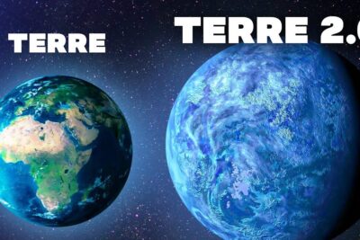 Side-by-side comparison of Earth and a larger blue Terre 2.0 illustrating dautres planetes.