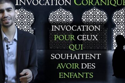 Speaker beside ornate windows with French text about davoir enfants and a praying silhouette.