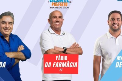 Three smiling campaign candidates on a colorful poster promoting debate saudavel 1