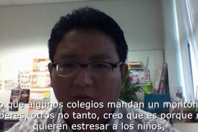 Close-up of an individual in a classroom-like office with Spanish subtitles referencing deberes escolares 1.