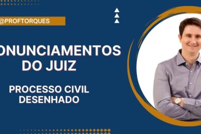Slide reading 'Pronunciamentos do Juiz' and 'Processo Civil Desenhado' with a professional portrait and the keyword decisoes judiciais 1