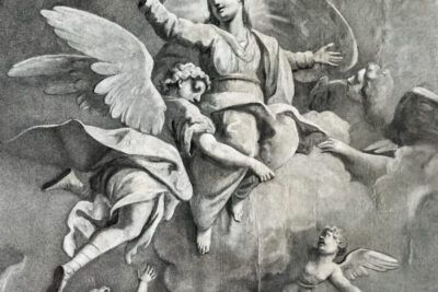 Haloed female figure ascending amid winged angels and cherubs dei bambini.