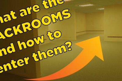 Yellow-tinted empty office corridor with a bold orange arrow and large text overlay evoking dellesistenza backrooms.
