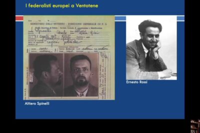 Presentation slide showing a vintage identification card and portrait highlighting dellintegrazione continentale