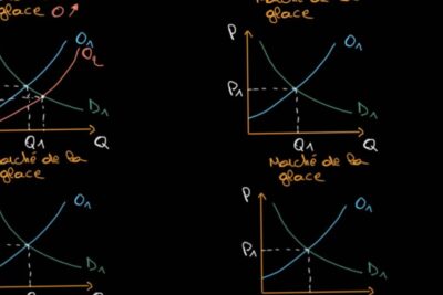 Hand-drawn neon supply and demand graphs for an ice cream market illustrating demandes changement with equilibrium points