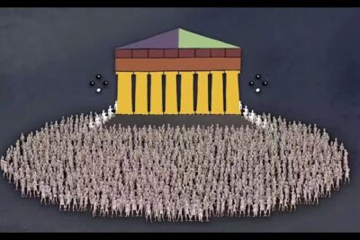 Illustration of a dense crowd of citizens surrounding a classical temple representing democracia grega 1.